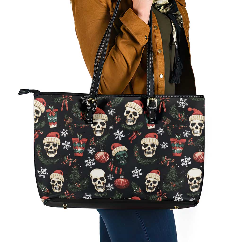 Skull Face Christmas Leather Tote Bag Xmas Holiday Patterns - Wonder Print Shop