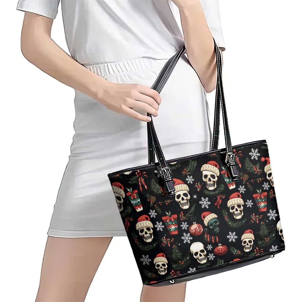 Skull Face Christmas Leather Tote Bag Xmas Holiday Patterns - Wonder Print Shop
