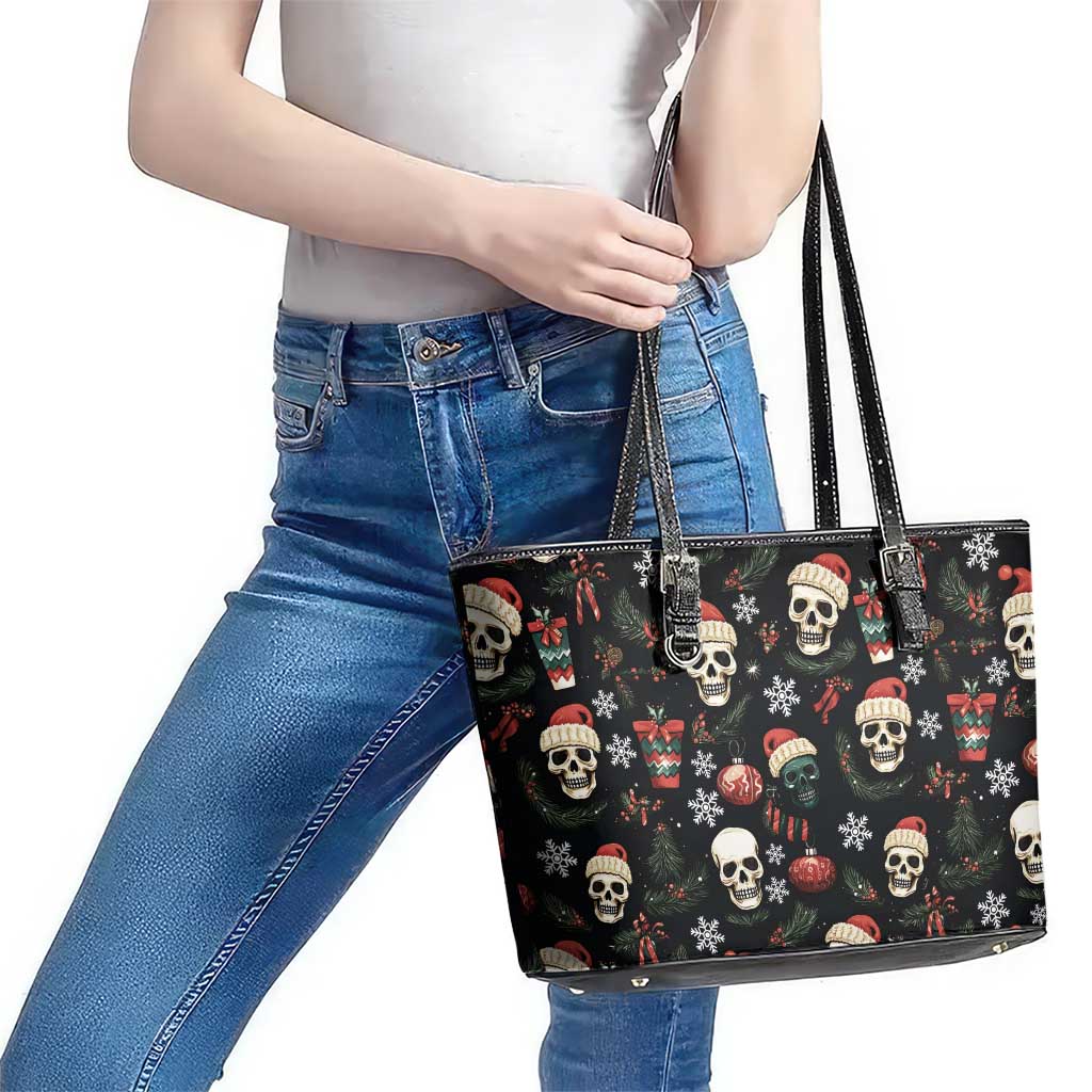 Skull Face Christmas Leather Tote Bag Xmas Holiday Patterns - Wonder Print Shop