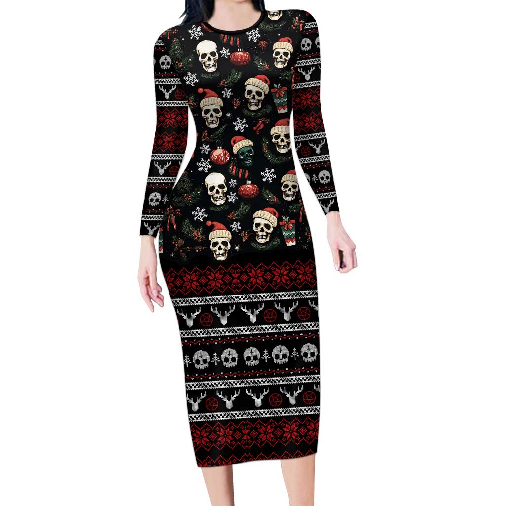 Skull Face Christmas Long Sleeve Bodycon Dress Xmas Holiday Patterns - Wonder Print Shop
