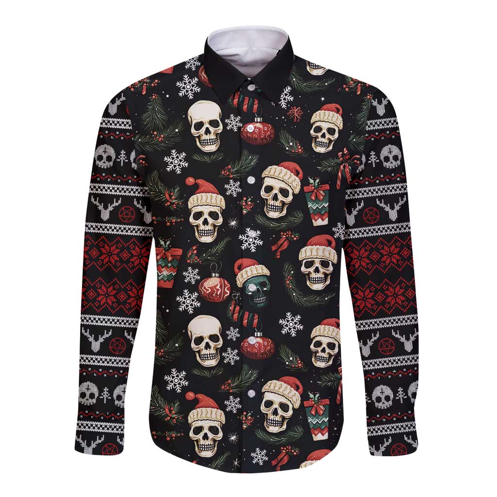 Skull Face Christmas Long Sleeve Button Shirt Xmas Holiday Patterns - Wonder Print Shop