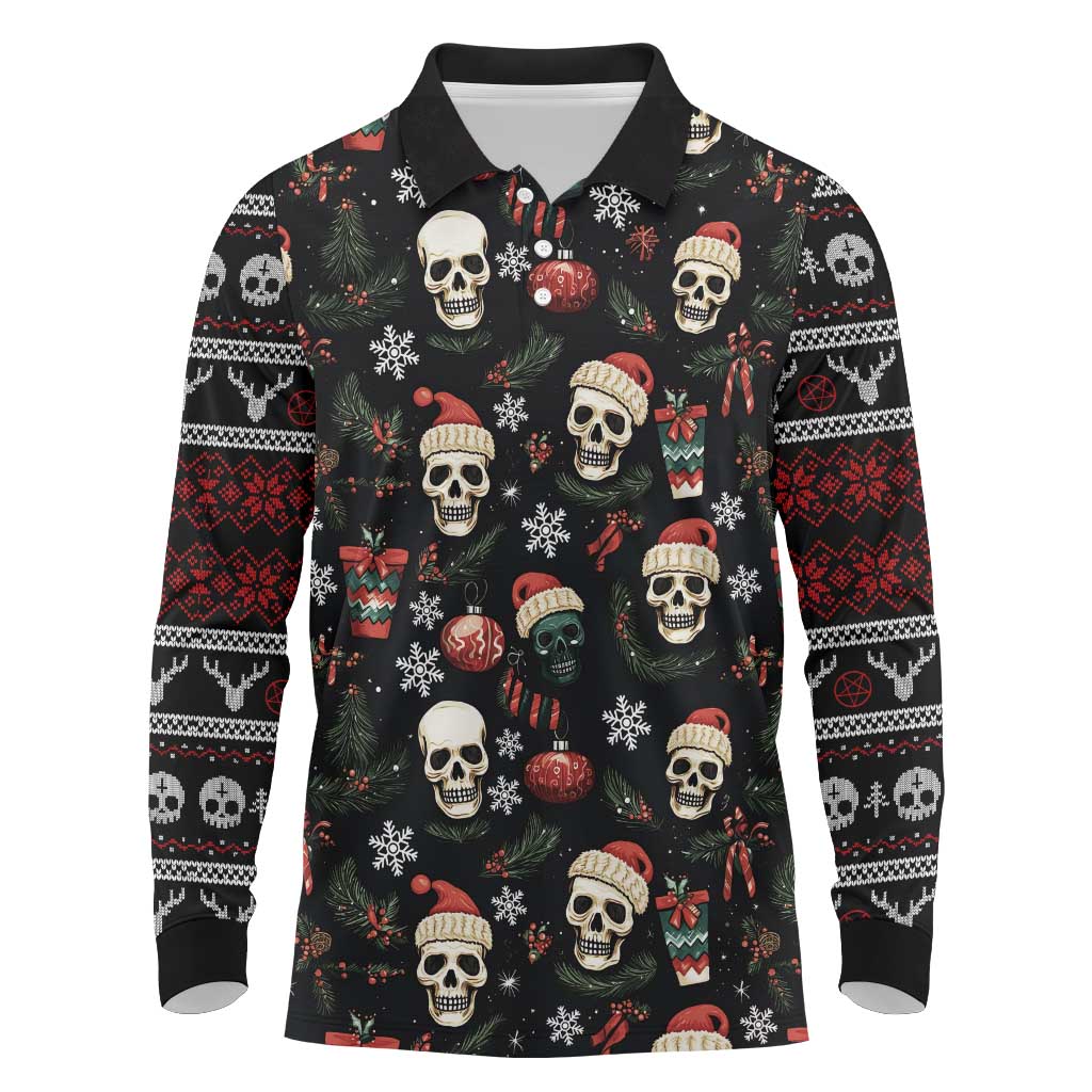 Skull Face Christmas Long Sleeve Polo Shirt Xmas Holiday Patterns - Wonder Print Shop