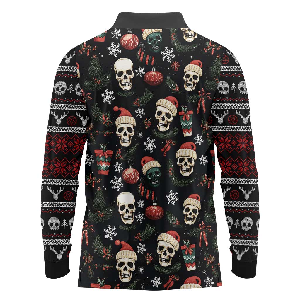 Skull Face Christmas Long Sleeve Polo Shirt Xmas Holiday Patterns - Wonder Print Shop