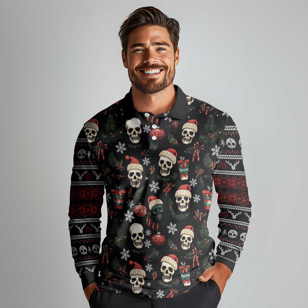 Skull Face Christmas Long Sleeve Polo Shirt Xmas Holiday Patterns - Wonder Print Shop