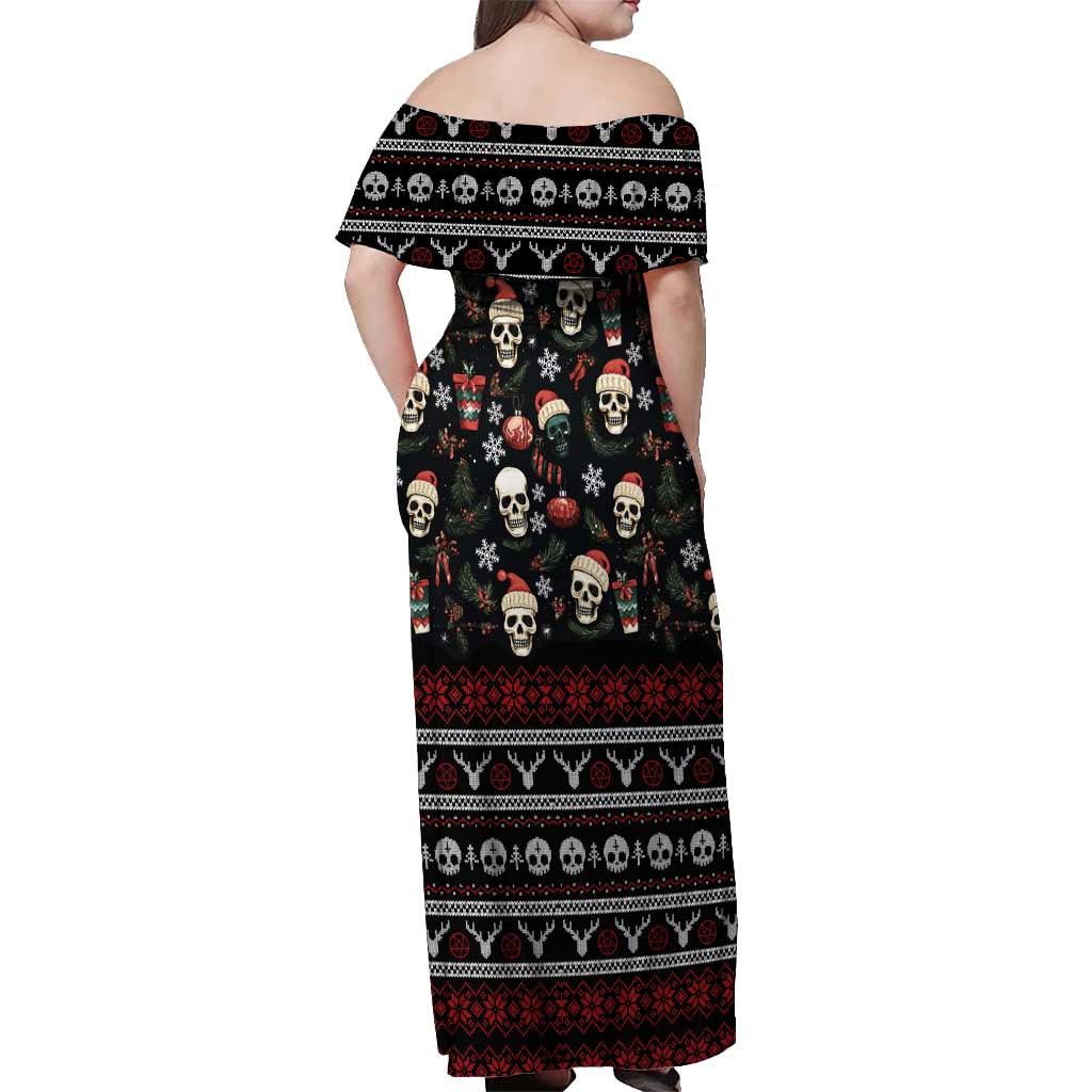 Skull Face Christmas Off Shoulder Maxi Dress Xmas Holiday Patterns - Wonder Print Shop