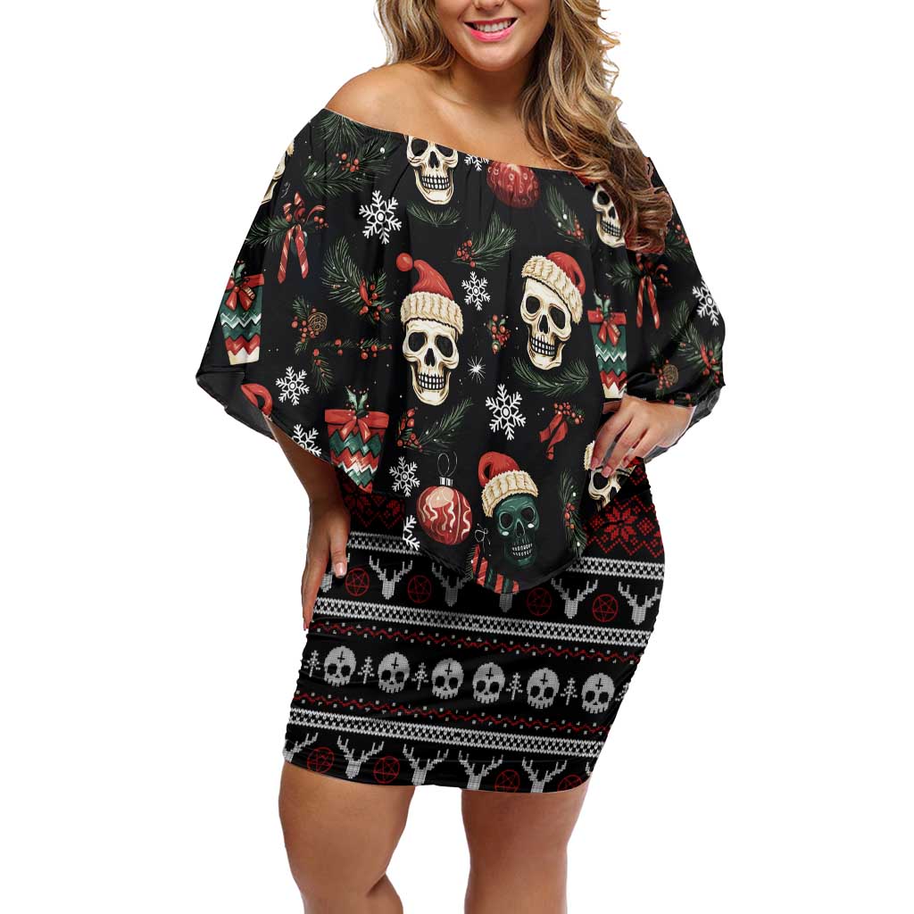Skull Face Christmas Off Shoulder Short Dress Xmas Holiday Patterns - Wonder Print Shop