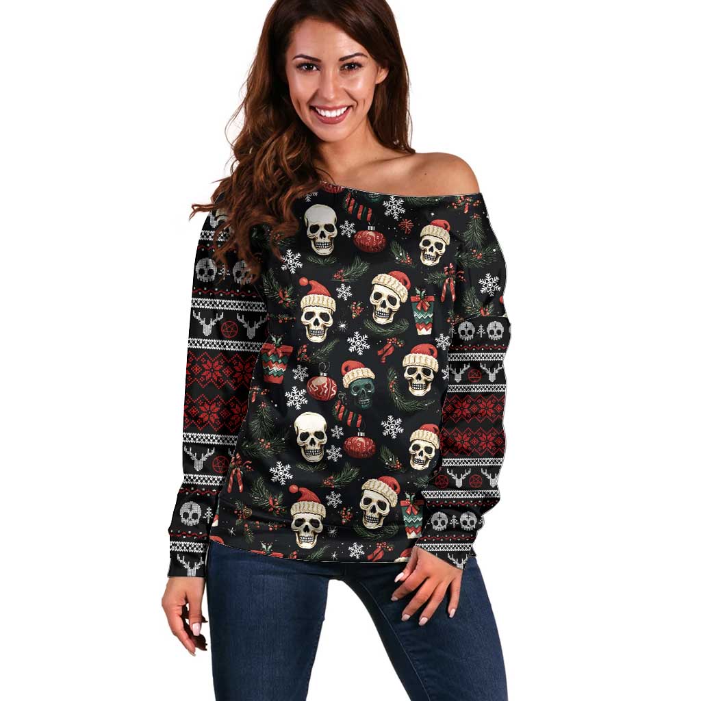 Skull Face Christmas Off Shoulder Sweater Xmas Holiday Patterns - Wonder Print Shop