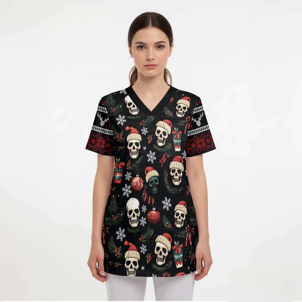 Skull Face Christmas Scrub Top Xmas Holiday Patterns - Wonder Print Shop