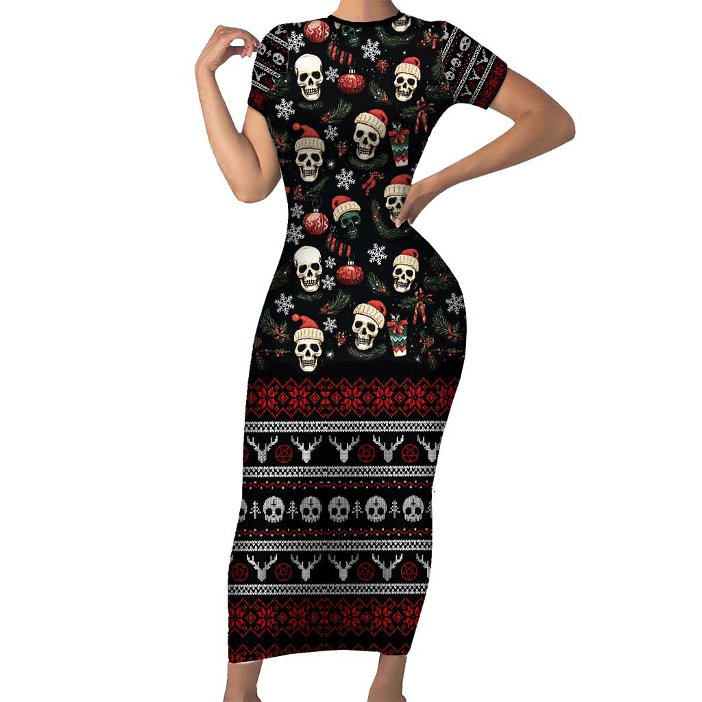 Skull Face Christmas Short Sleeve Bodycon Dress Xmas Holiday Patterns - Wonder Print Shop