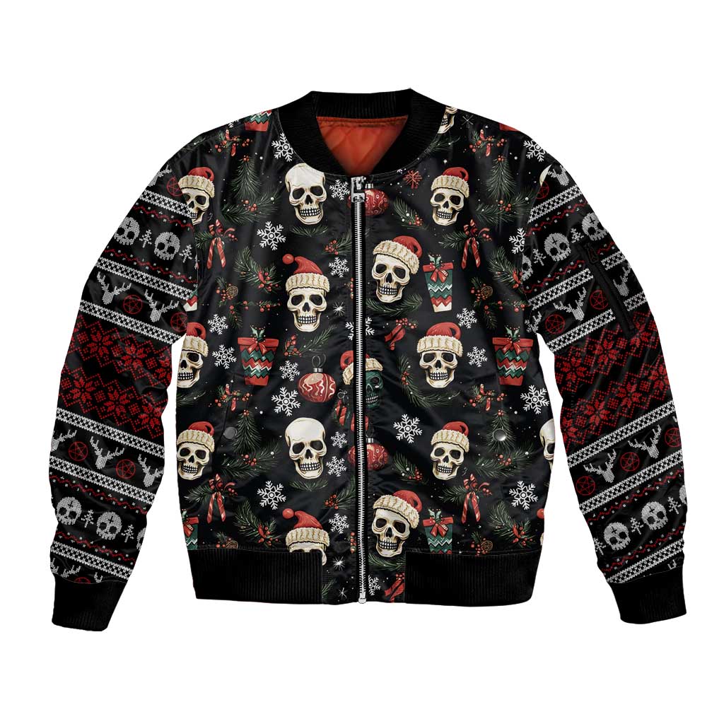 Skull Face Christmas Sleeve Zip Bomber Jacket Xmas Holiday Patterns - Wonder Print Shop