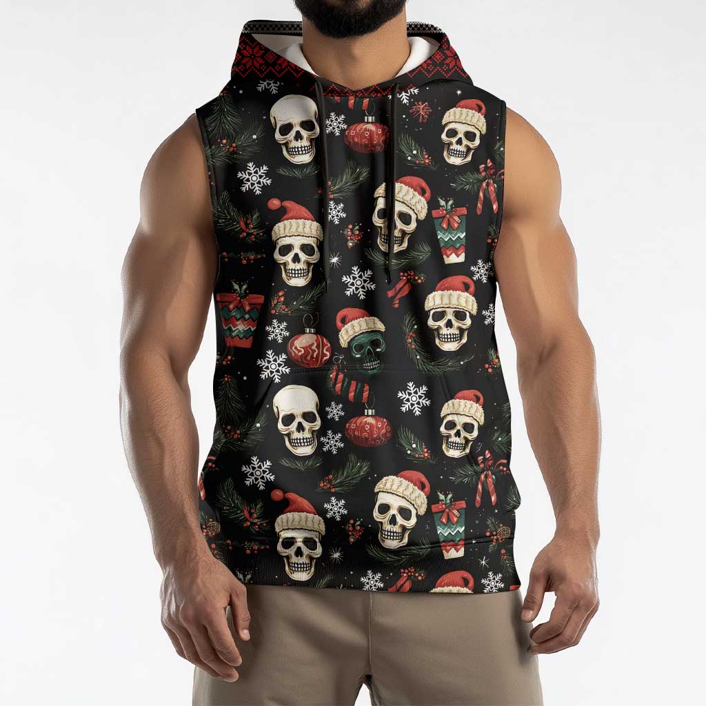 Skull Face Christmas Sleeveless Hoodie Xmas Holiday Patterns - Wonder Print Shop