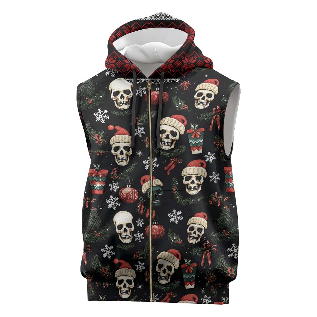 Skull Face Christmas Sleeveless Zip Hoodie Xmas Holiday Patterns - Wonder Print Shop