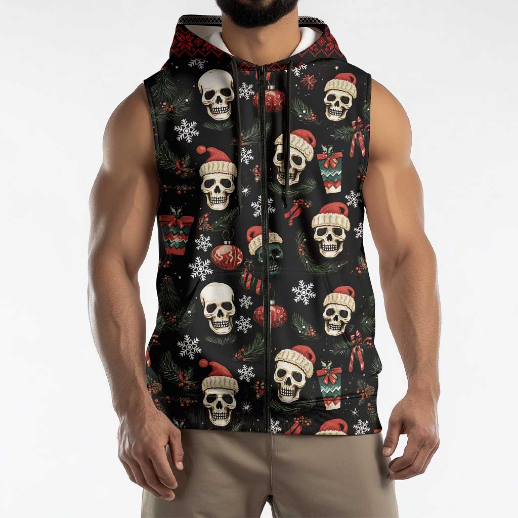 Skull Face Christmas Sleeveless Zip Hoodie Xmas Holiday Patterns - Wonder Print Shop