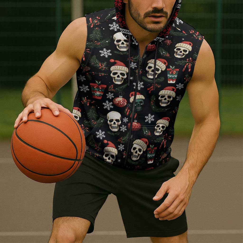 Skull Face Christmas Sleeveless Zip Hoodie Xmas Holiday Patterns - Wonder Print Shop
