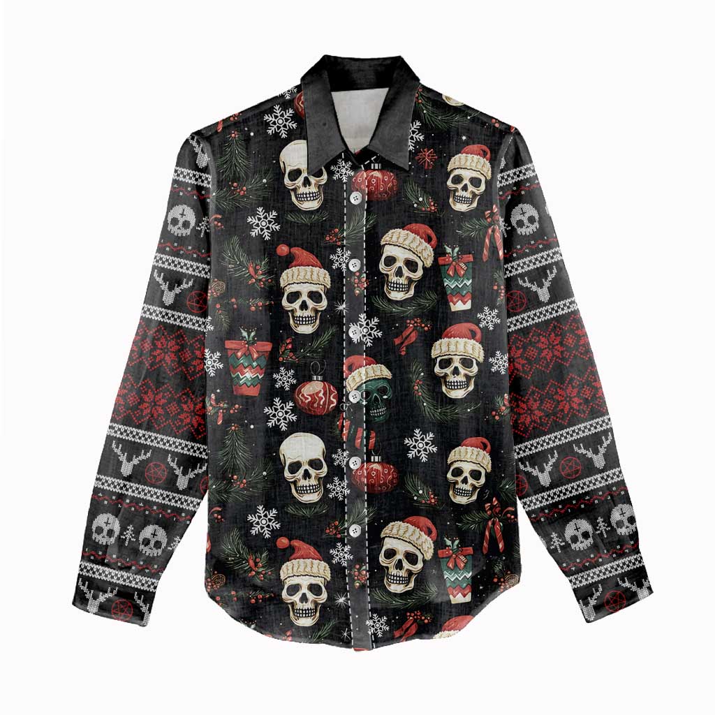 Skull Face Christmas Women Casual Shirt Xmas Holiday Patterns - Wonder Print Shop