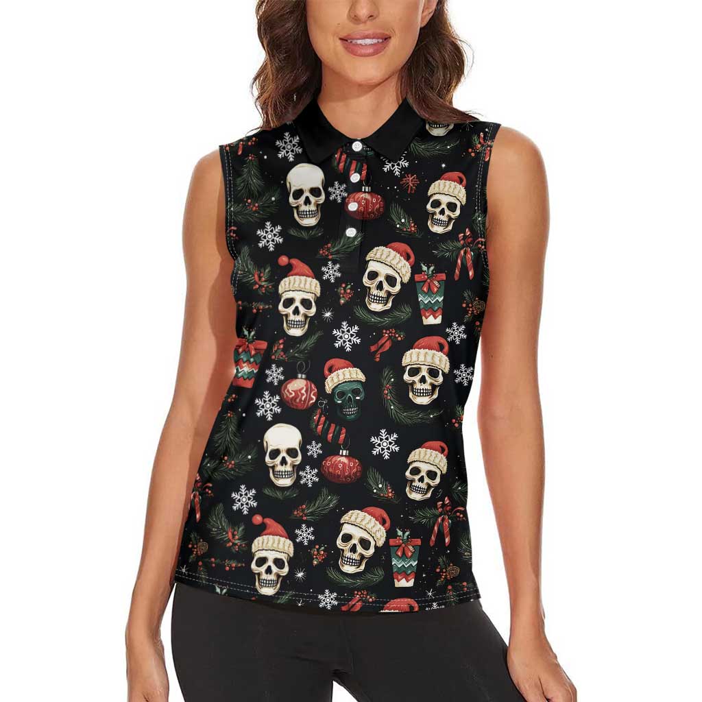 Skull Face Christmas Women Sleeveless Polo Shirt Xmas Holiday Patterns - Wonder Print Shop