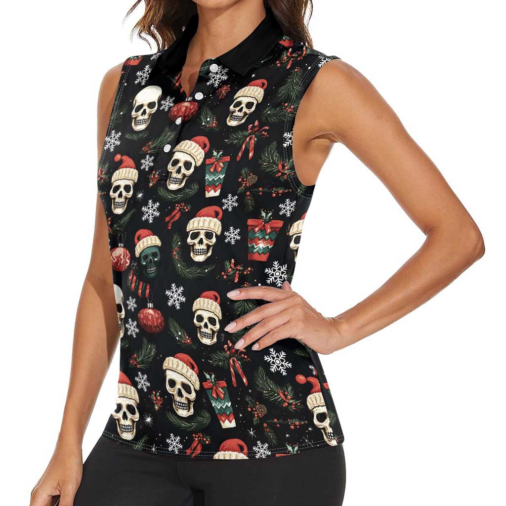 Skull Face Christmas Women Sleeveless Polo Shirt Xmas Holiday Patterns - Wonder Print Shop