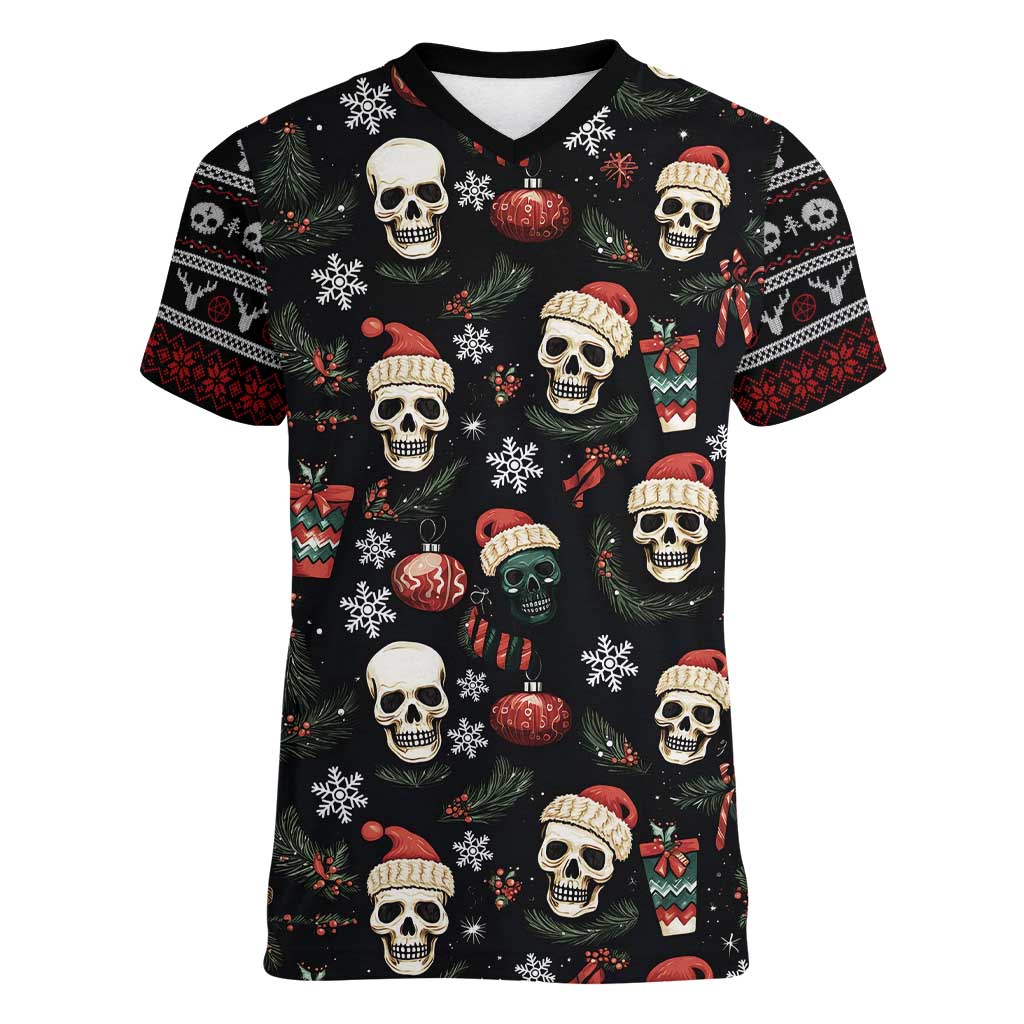 Skull Face Christmas Women V-Neck T-Shirt Xmas Holiday Patterns - Wonder Print Shop