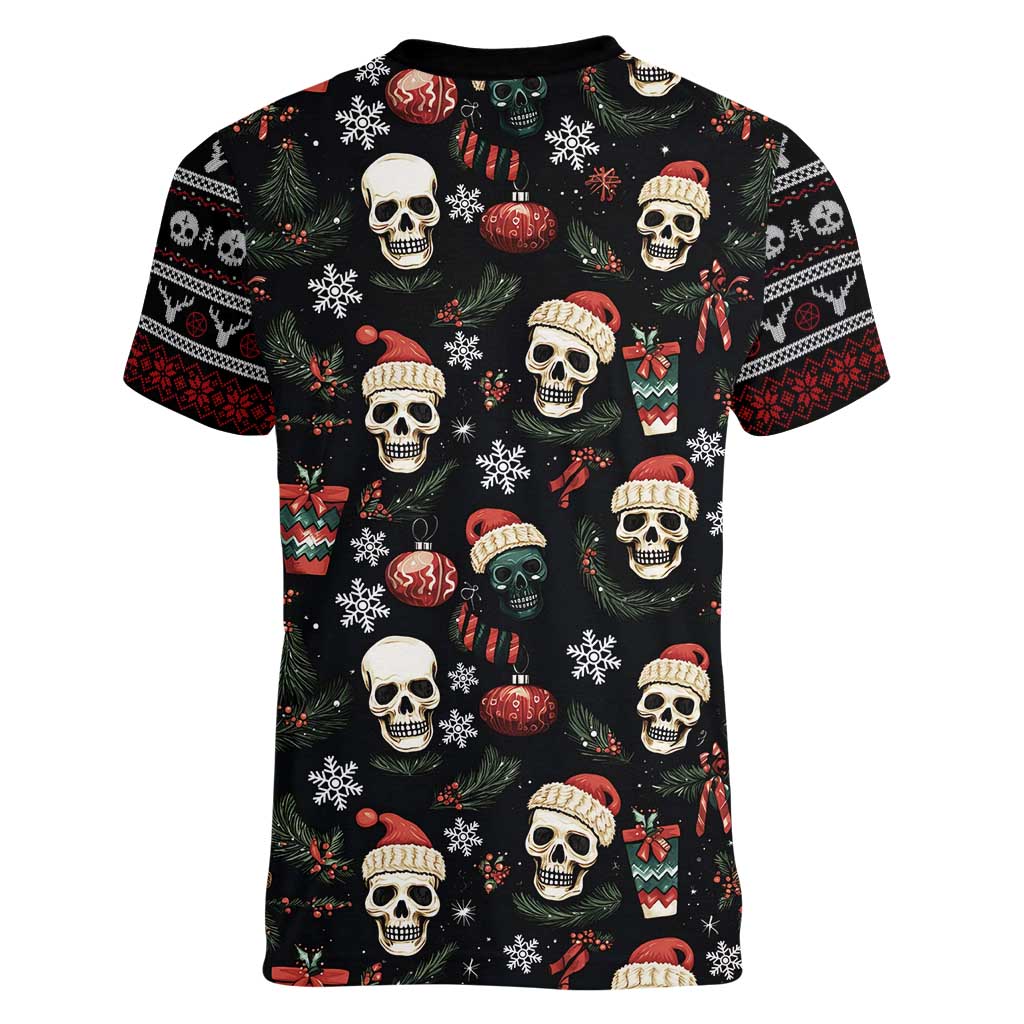 Skull Face Christmas Women V-Neck T-Shirt Xmas Holiday Patterns - Wonder Print Shop