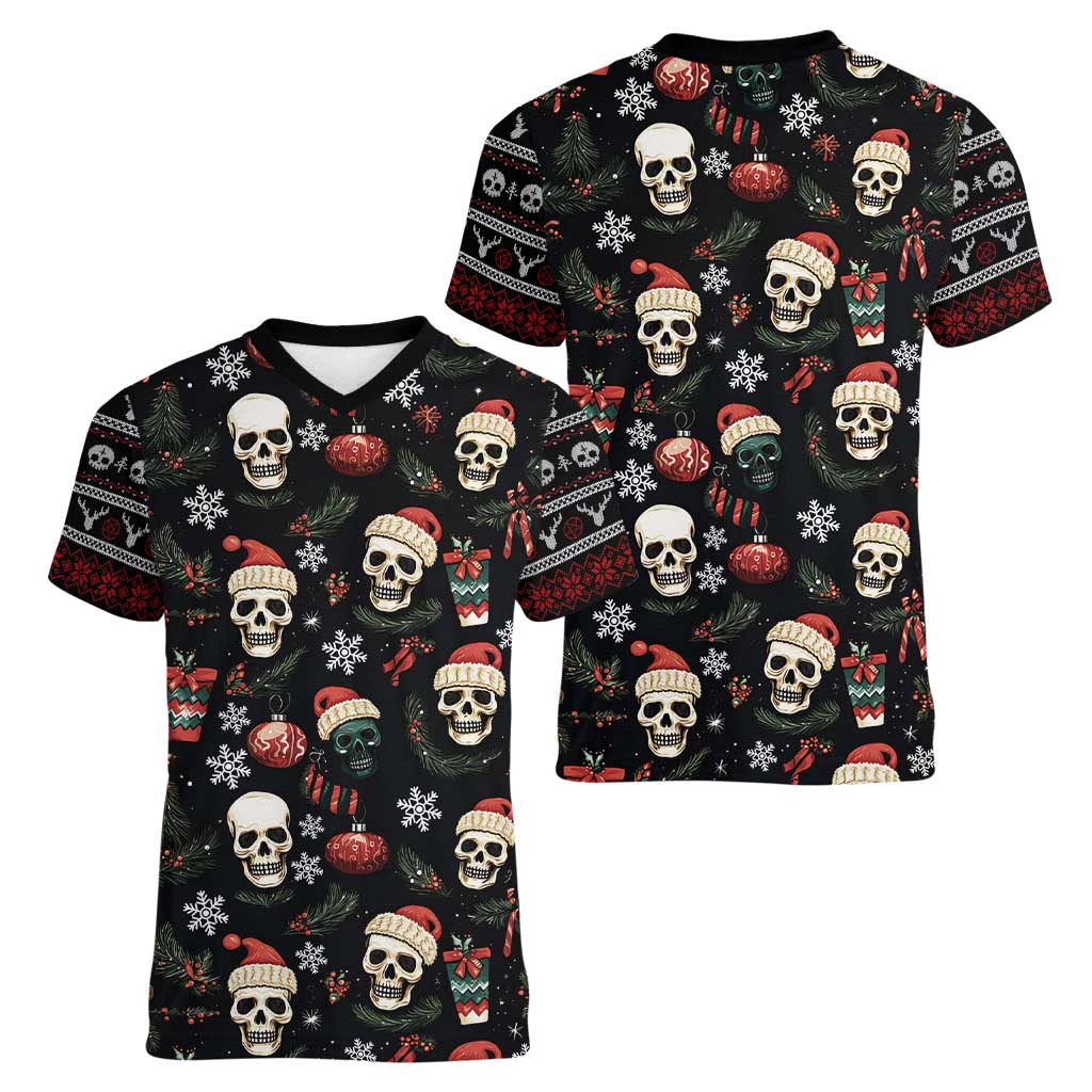 Skull Face Christmas Women V-Neck T-Shirt Xmas Holiday Patterns - Wonder Print Shop