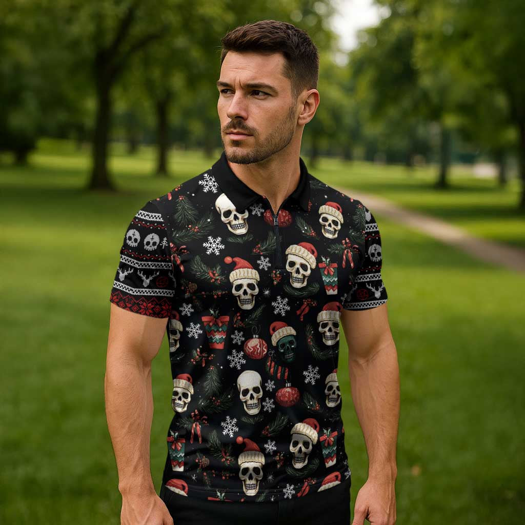 Skull Face Christmas Zipper Polo Shirt Xmas Holiday Patterns - Wonder Print Shop