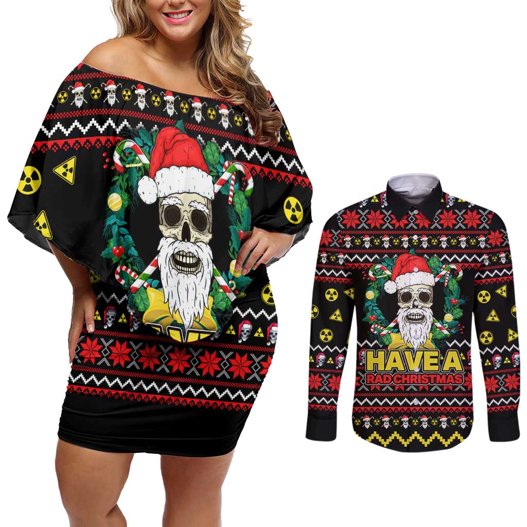 Skull Have A Rad Christmas Couples Matching Off Shoulder Short Dress and Long Sleeve Button Shirt Xmas Holiday Patterns - Wonder Print Shop