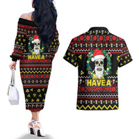 Skull Have A Rad Christmas Couples Matching Off The Shoulder Long Sleeve Dress and Hawaiian Shirt Xmas Holiday Patterns - Wonder Print Shop