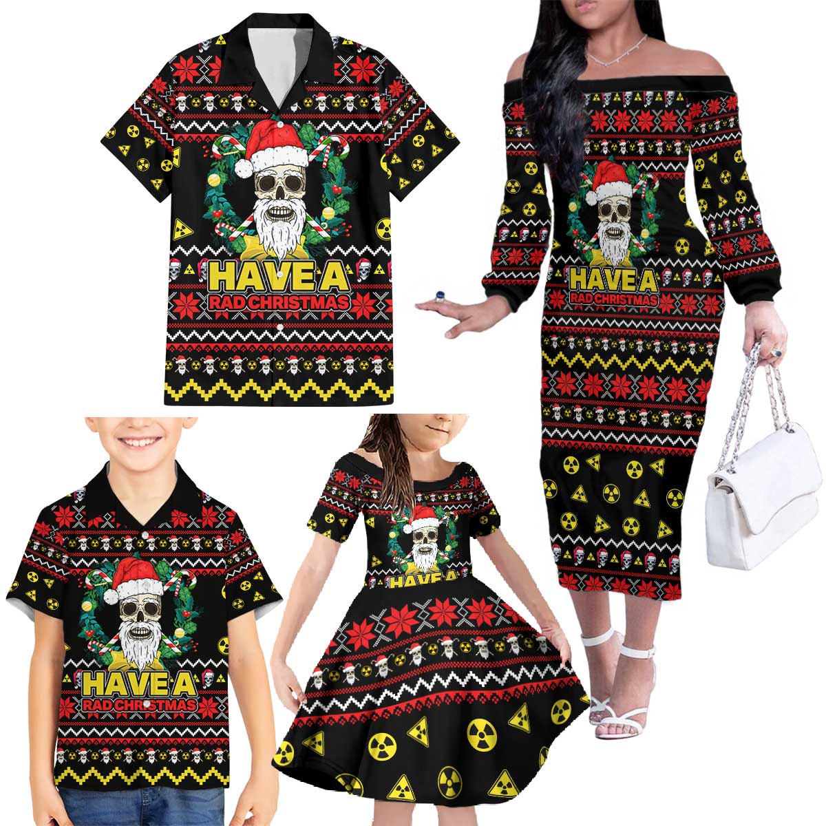 Skull Have A Rad Christmas Family Matching Off The Shoulder Long Sleeve Dress and Hawaiian Shirt Xmas Holiday Patterns - Wonder Print Shop