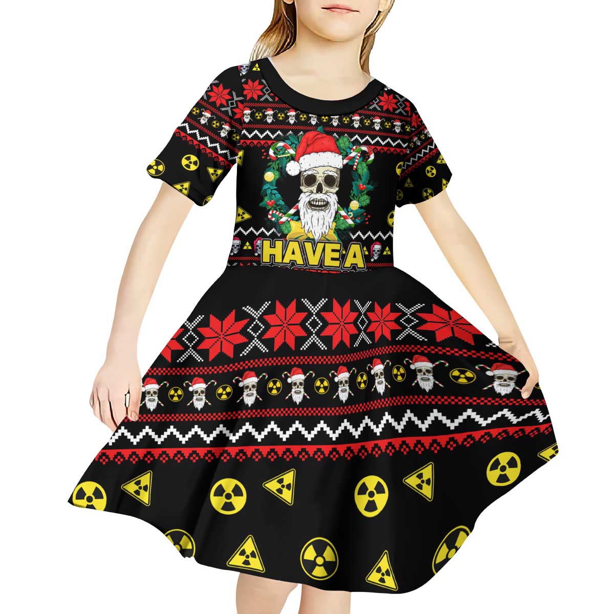 Skull Have A Rad Christmas Kid Short Sleeve Dress Xmas Holiday Patterns - Wonder Print Shop