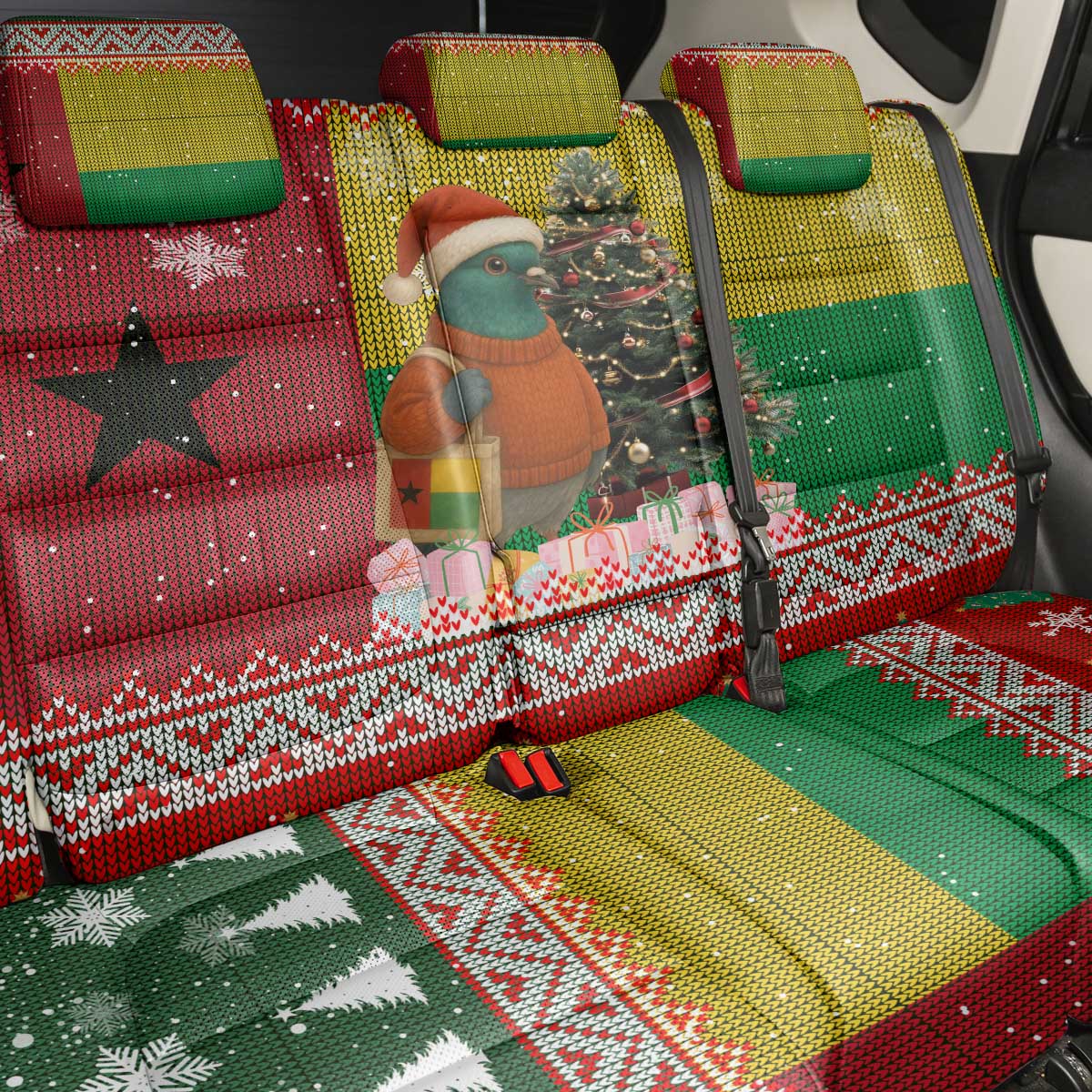 Guinea Bissau Christmas Back Car Seat Cover with Santa Penguin Christmas Tree and Red Green Yellow Snowflake - Wonder Print Shop