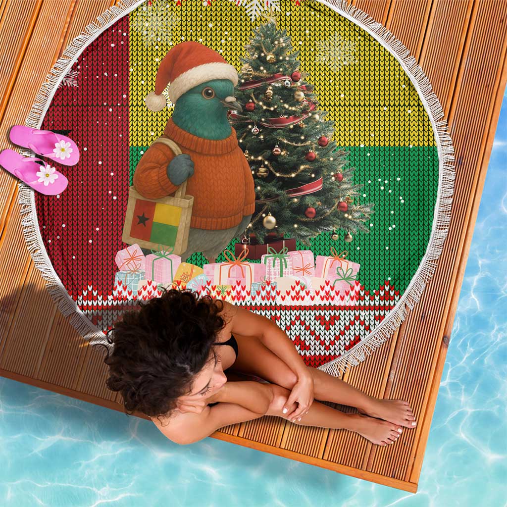 Guinea Bissau Christmas Beach Blanket with Santa Penguin Christmas Tree and Red Green Yellow Snowflake - Wonder Print Shop