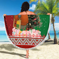 Guinea Bissau Christmas Beach Blanket with Santa Penguin Christmas Tree and Red Green Yellow Snowflake - Wonder Print Shop