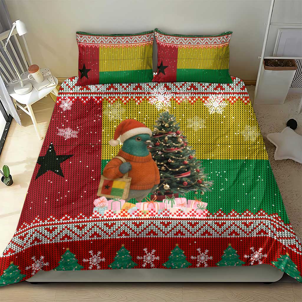 Guinea Bissau Christmas Bedding Set with Santa Penguin Christmas Tree and Red Green Yellow Snowflake - Wonder Print Shop