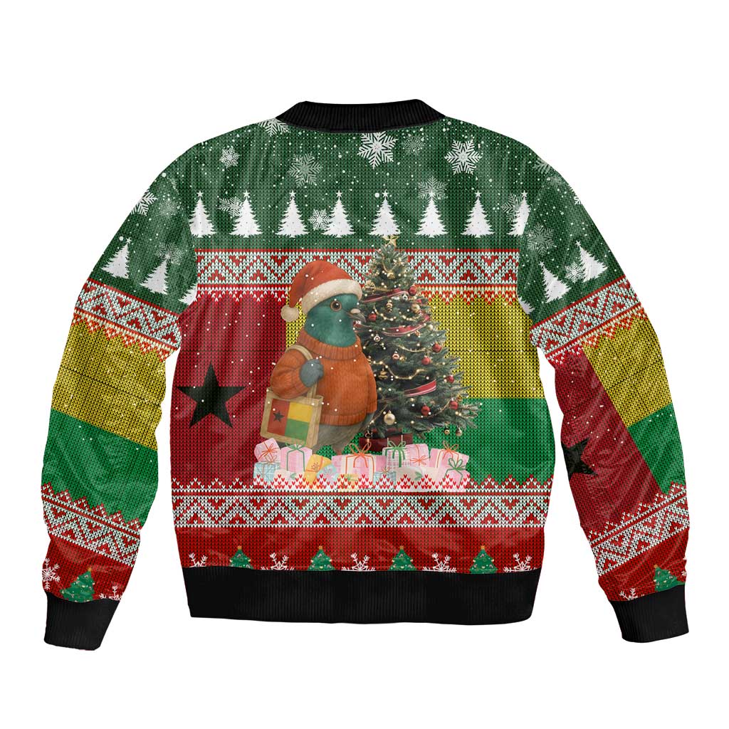 Guinea Bissau Christmas Bomber Jacket with Santa Penguin Christmas Tree and Red Green Yellow Snowflake - Wonder Print Shop
