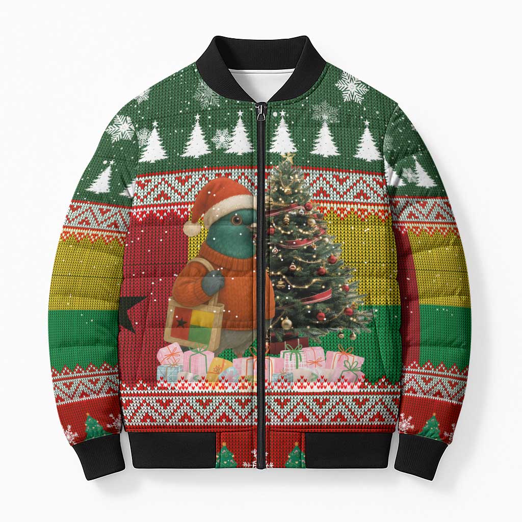 Guinea Bissau Christmas Bomber Puffer Jacket with Santa Penguin Christmas Tree and Red Green Yellow Snowflake - Wonder Print Shop
