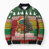 Guinea Bissau Christmas Bomber Puffer Jacket with Santa Penguin Christmas Tree and Red Green Yellow Snowflake - Wonder Print Shop