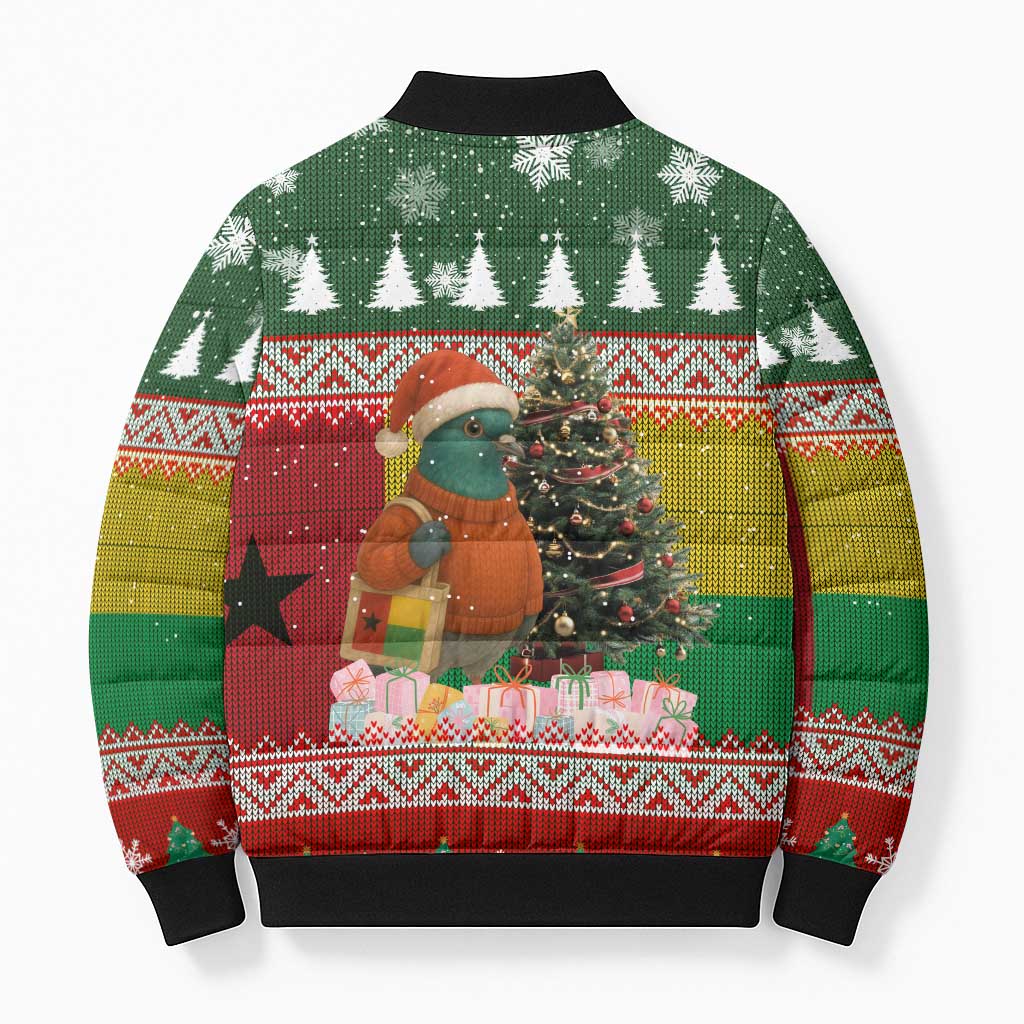 Guinea Bissau Christmas Bomber Puffer Jacket with Santa Penguin Christmas Tree and Red Green Yellow Snowflake - Wonder Print Shop