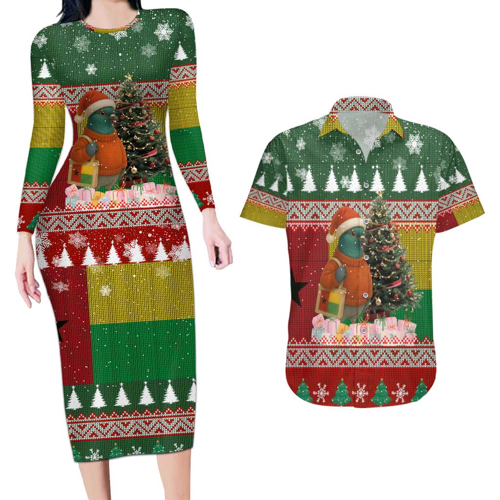 Guinea Bissau Christmas Couples Matching Long Sleeve Bodycon Dress and Hawaiian Shirt with Santa Penguin Christmas Tree and Red Green Yellow Snowflake - Wonder Print Shop