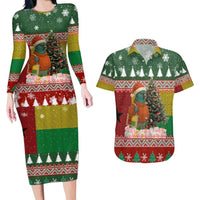 Guinea Bissau Christmas Couples Matching Long Sleeve Bodycon Dress and Hawaiian Shirt with Santa Penguin Christmas Tree and Red Green Yellow Snowflake - Wonder Print Shop