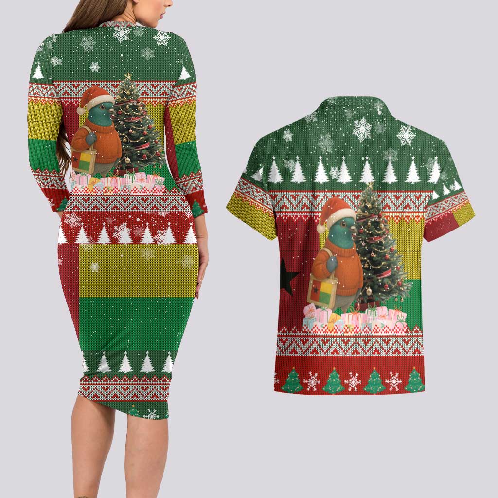 Guinea Bissau Christmas Couples Matching Long Sleeve Bodycon Dress and Hawaiian Shirt with Santa Penguin Christmas Tree and Red Green Yellow Snowflake - Wonder Print Shop