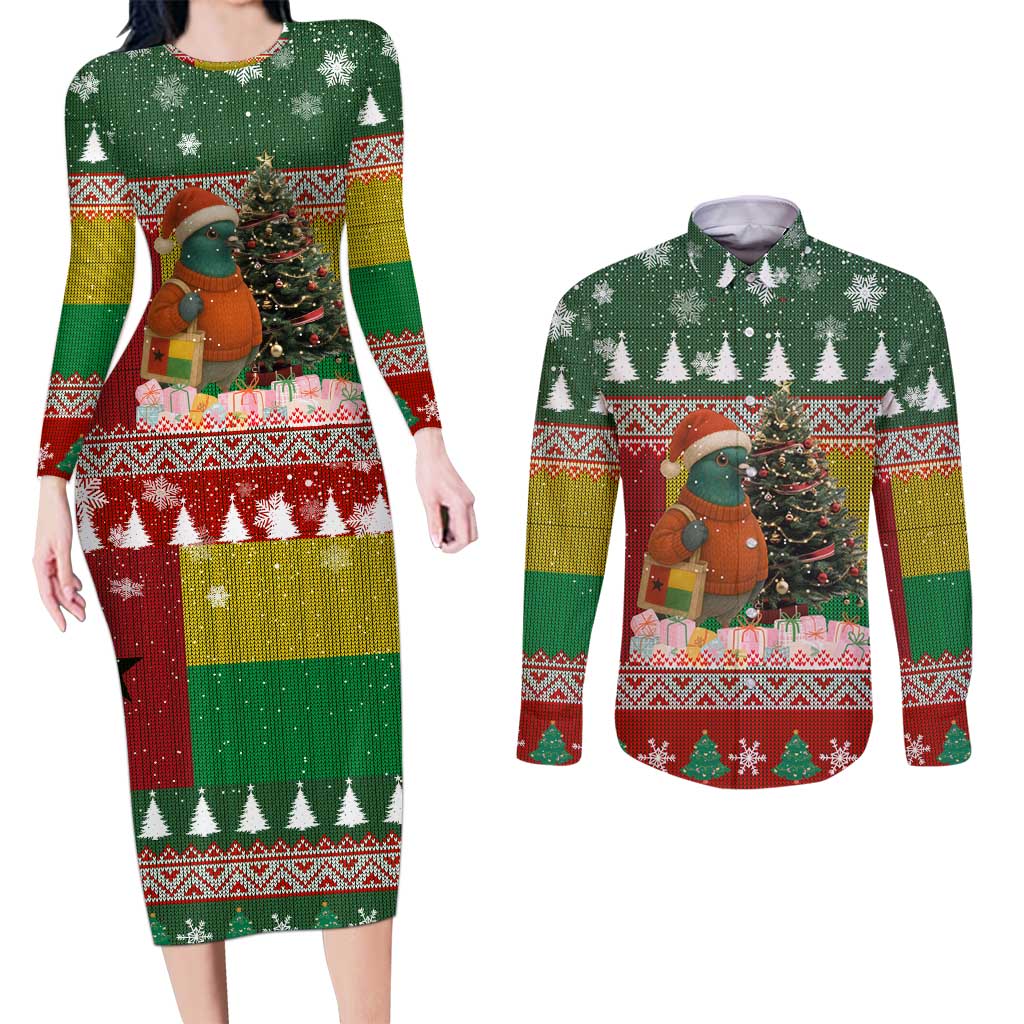 Guinea Bissau Christmas Couples Matching Long Sleeve Bodycon Dress and Long Sleeve Button Shirt with Santa Penguin Christmas Tree and Red Green Yellow Snowflake - Wonder Print Shop