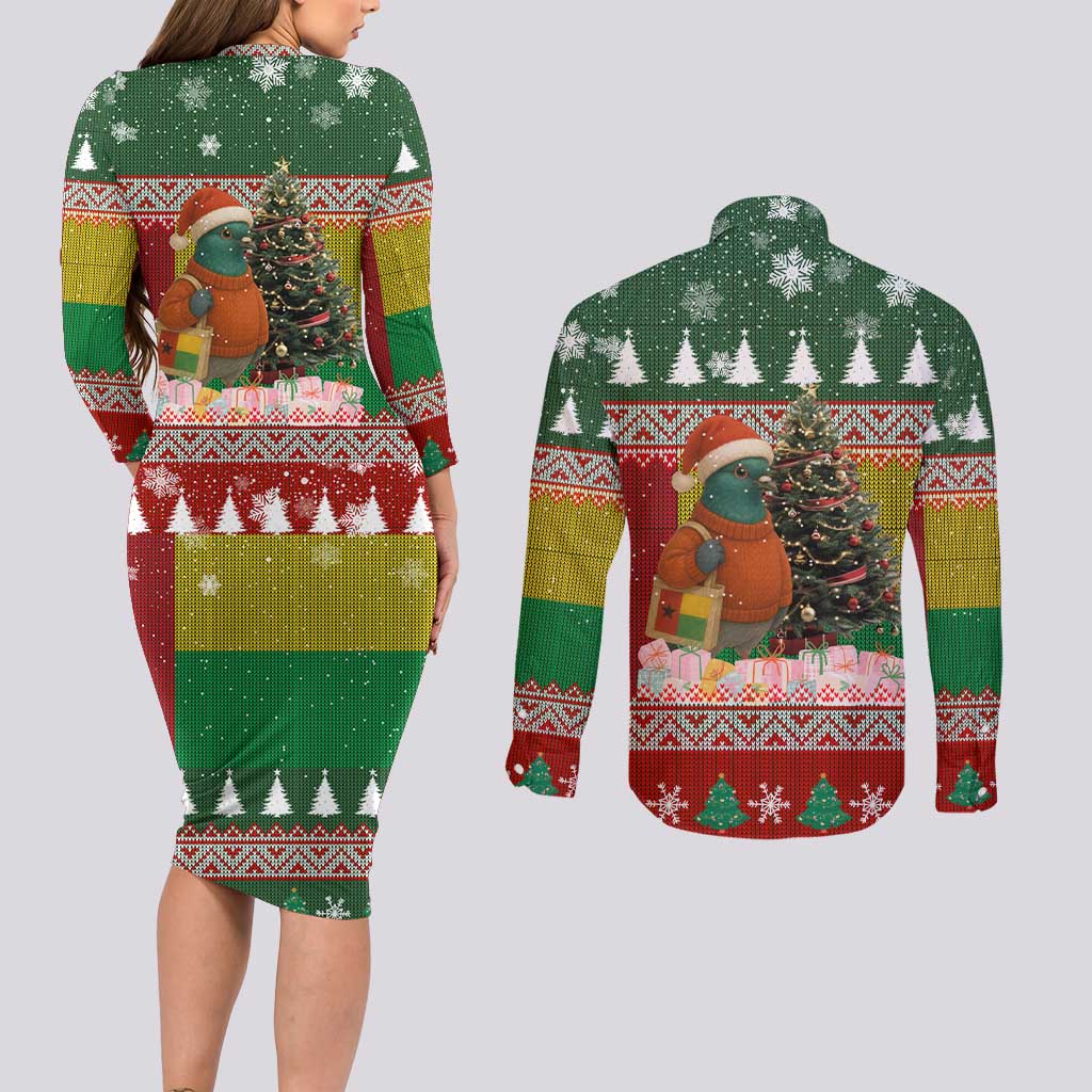 Guinea Bissau Christmas Couples Matching Long Sleeve Bodycon Dress and Long Sleeve Button Shirt with Santa Penguin Christmas Tree and Red Green Yellow Snowflake - Wonder Print Shop