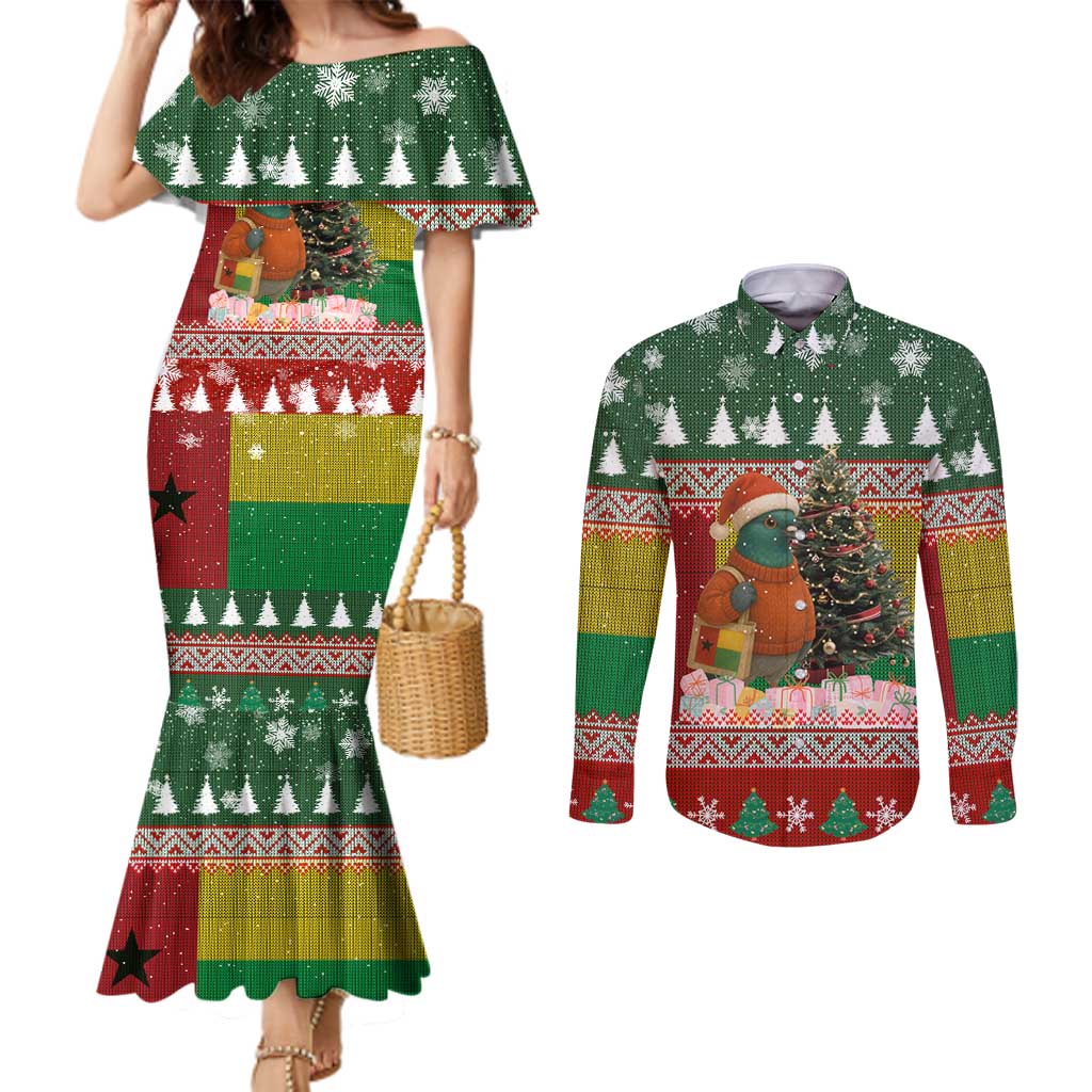 Guinea Bissau Christmas Couples Matching Mermaid Dress and Long Sleeve Button Shirt with Santa Penguin Christmas Tree and Red Green Yellow Snowflake - Wonder Print Shop