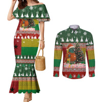 Guinea Bissau Christmas Couples Matching Mermaid Dress and Long Sleeve Button Shirt with Santa Penguin Christmas Tree and Red Green Yellow Snowflake - Wonder Print Shop