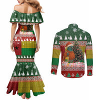 Guinea Bissau Christmas Couples Matching Mermaid Dress and Long Sleeve Button Shirt with Santa Penguin Christmas Tree and Red Green Yellow Snowflake - Wonder Print Shop