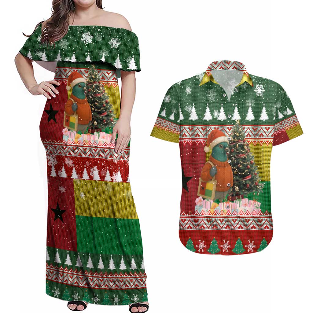 Guinea Bissau Christmas Couples Matching Off Shoulder Maxi Dress and Hawaiian Shirt with Santa Penguin Christmas Tree and Red Green Yellow Snowflake - Wonder Print Shop