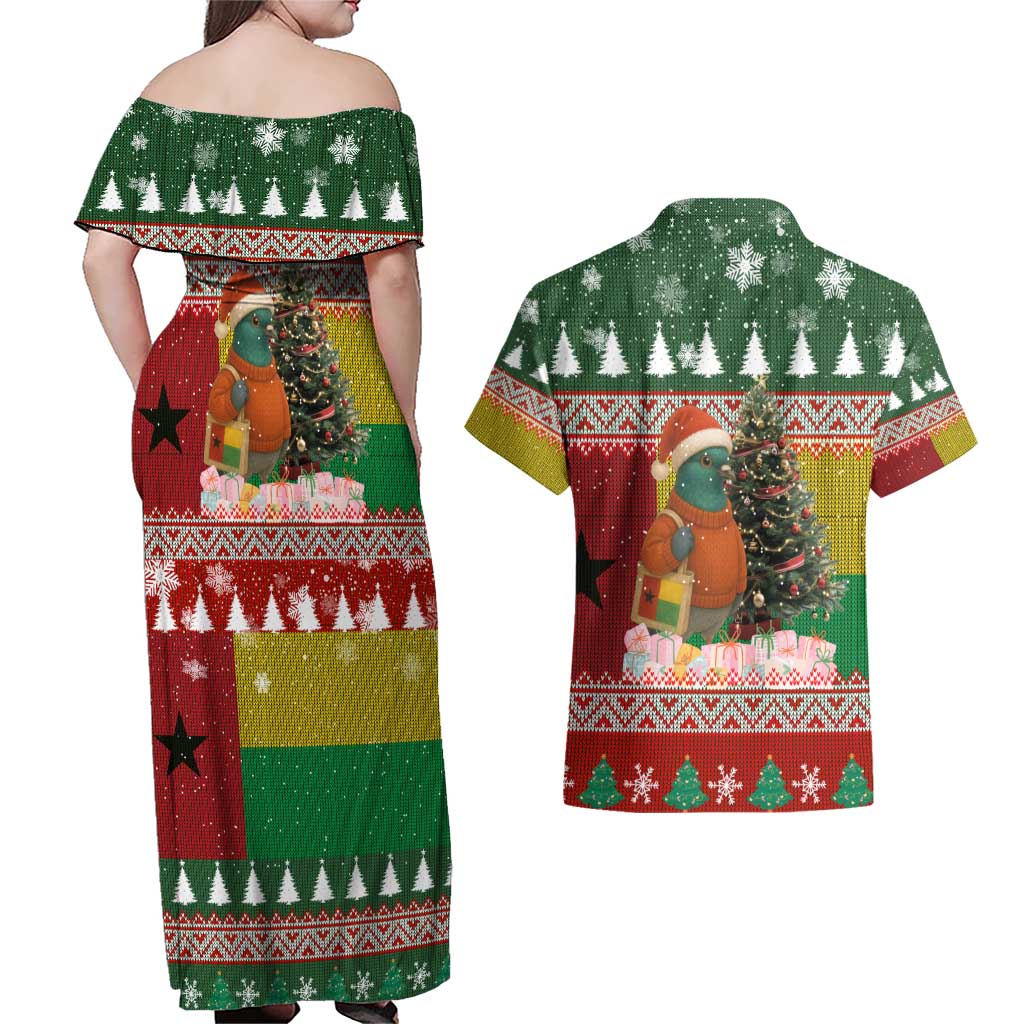 Guinea Bissau Christmas Couples Matching Off Shoulder Maxi Dress and Hawaiian Shirt with Santa Penguin Christmas Tree and Red Green Yellow Snowflake - Wonder Print Shop