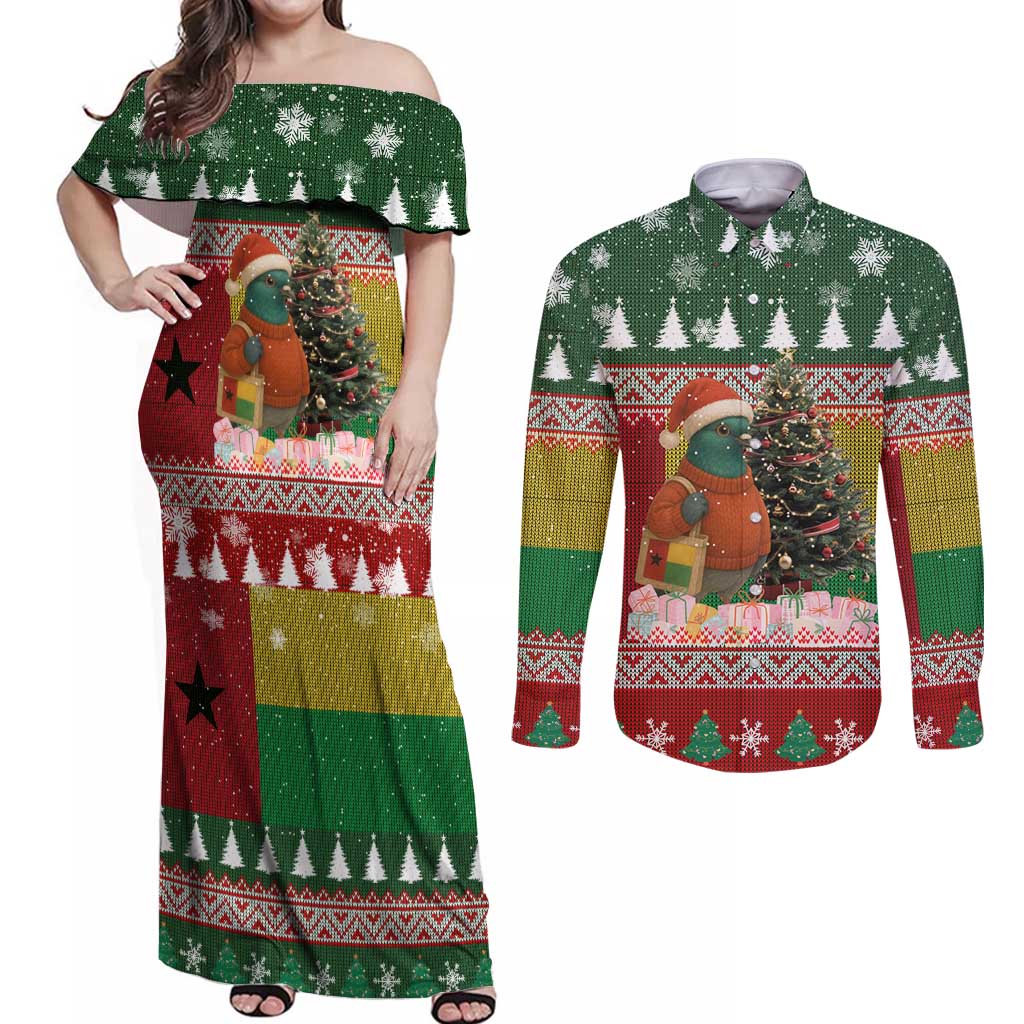 Guinea Bissau Christmas Couples Matching Off Shoulder Maxi Dress and Long Sleeve Button Shirt with Santa Penguin Christmas Tree and Red Green Yellow Snowflake - Wonder Print Shop