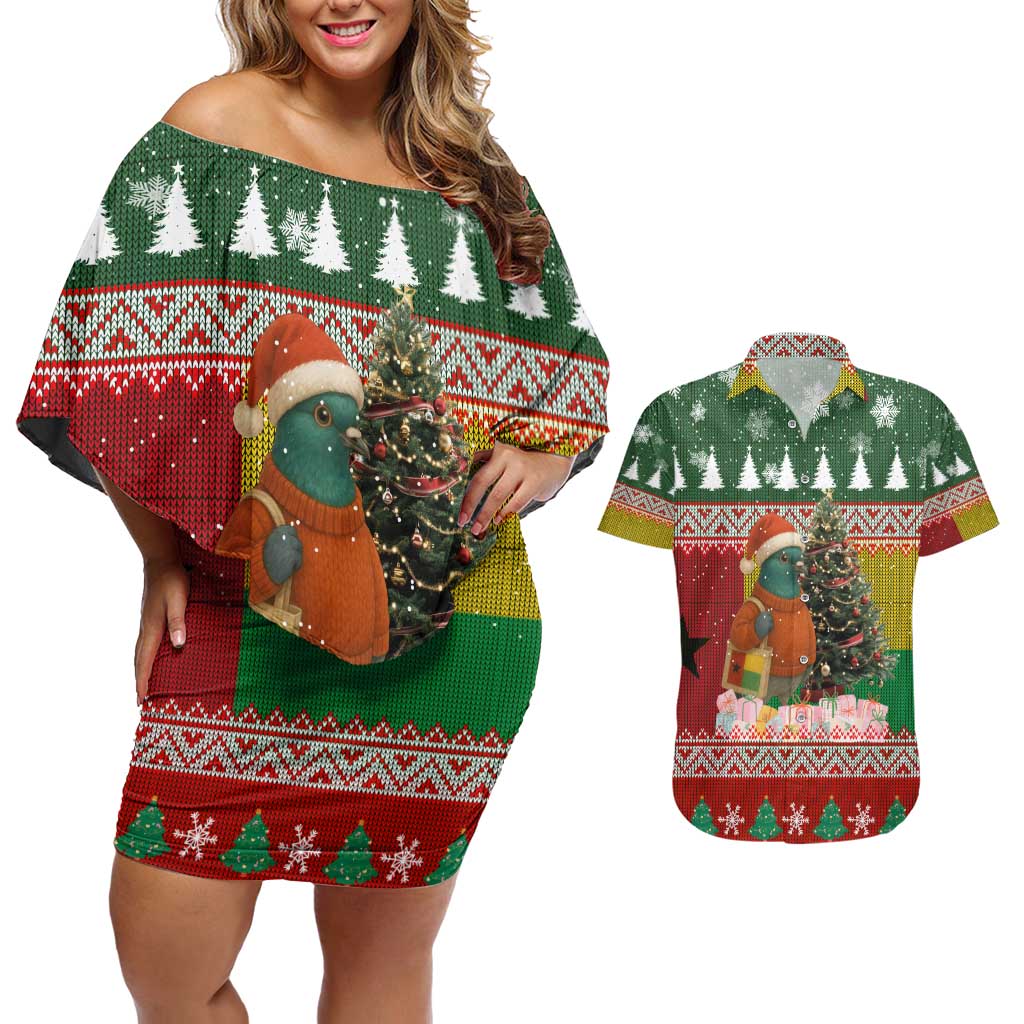 Guinea Bissau Christmas Couples Matching Off Shoulder Short Dress and Hawaiian Shirt with Santa Penguin Christmas Tree and Red Green Yellow Snowflake - Wonder Print Shop