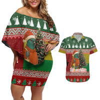 Guinea Bissau Christmas Couples Matching Off Shoulder Short Dress and Hawaiian Shirt with Santa Penguin Christmas Tree and Red Green Yellow Snowflake - Wonder Print Shop